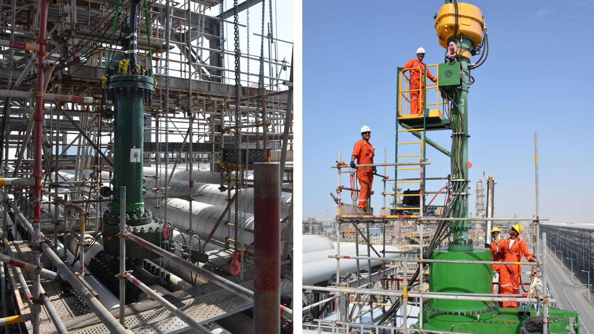 Split photo of the team working on the pipeline and the BISEP going in place