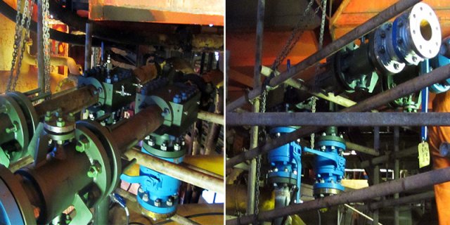 (Left) Flowlines isolated, mechanical connectors and valves installed. (Right) Full bore access to the flowlines to allow Fexi-Coil entry